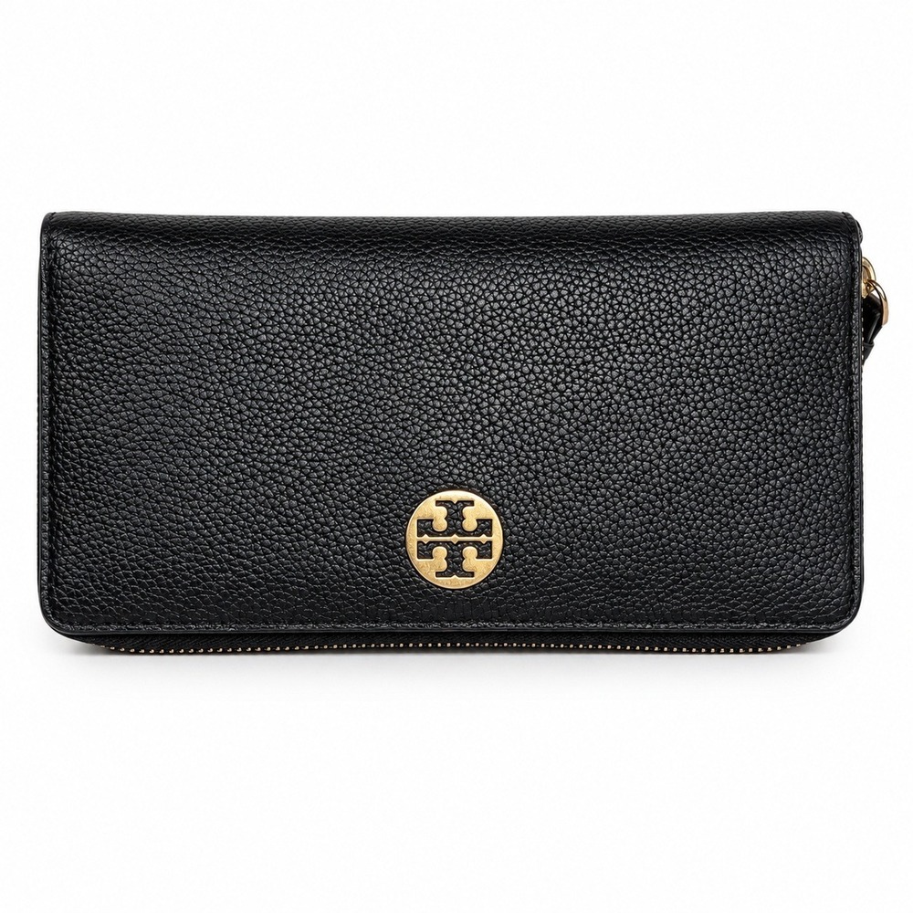 Tory Burch Carson Wallet Black Pebbled Leather Zip Around Continental Gold Logo